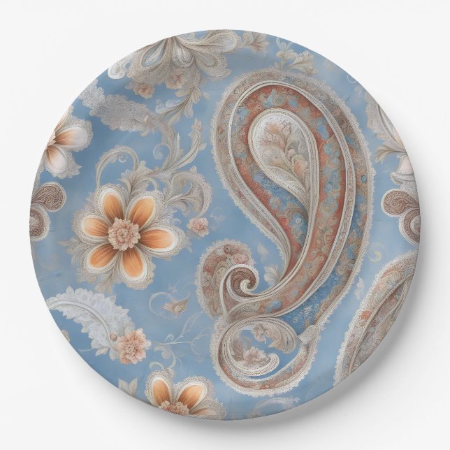 Enchanting Paisley Peach and Blue Paper Plate (Front)