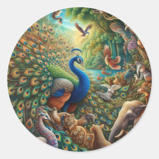  🦚✨ Enchanting Peacock Concert in the Jungle 🎨🌿 Classic Round Sticker