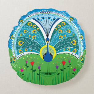 Enchanting Peacock Symmetry Round Cushion