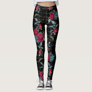 Enchanting Peony Black Floral Pattern - Leggings