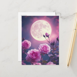 Enchanting Pink Moon & Blooming Roses Fantasy Art Postcard
