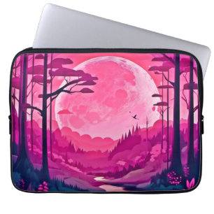 Enchanting Pink Moon: Cartoon Art Laptop Sleeve