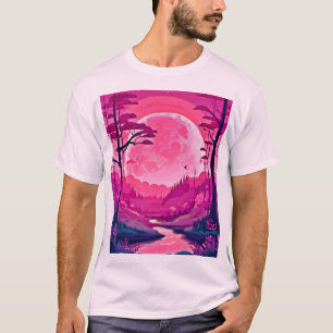 Enchanting Pink Moon: Cartoon Art T-Shirt
