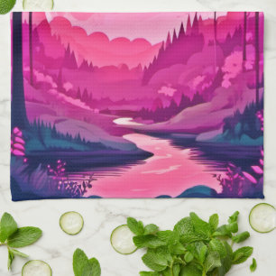 Enchanting Pink Moon: Cartoon Art Tea Towel
