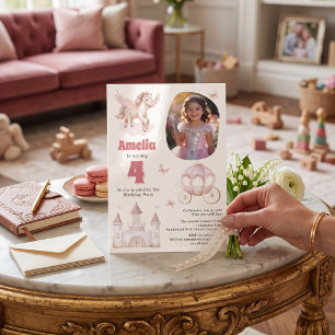 Enchanting Pink Unicorn Castle Birthday Photo Card