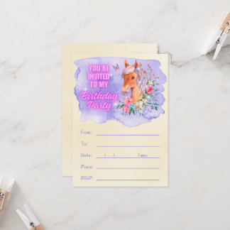 Enchanting Pony and Wildflowers Birthday Invitation