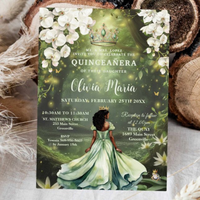 Enchanting Princess & Frog Green Dress Quinceañera Invitation (princess-and-the-frog-green-dress-gown-enchanted-swamp-white-orchids-floral-quinceanera-invitation)