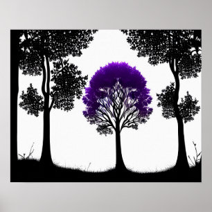 Enchanting Purple Tree in Monochrome Forest Poster