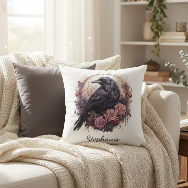 Enchanting Raven & Rose Home Accent Cushion (Raven with roses personalized pillow)