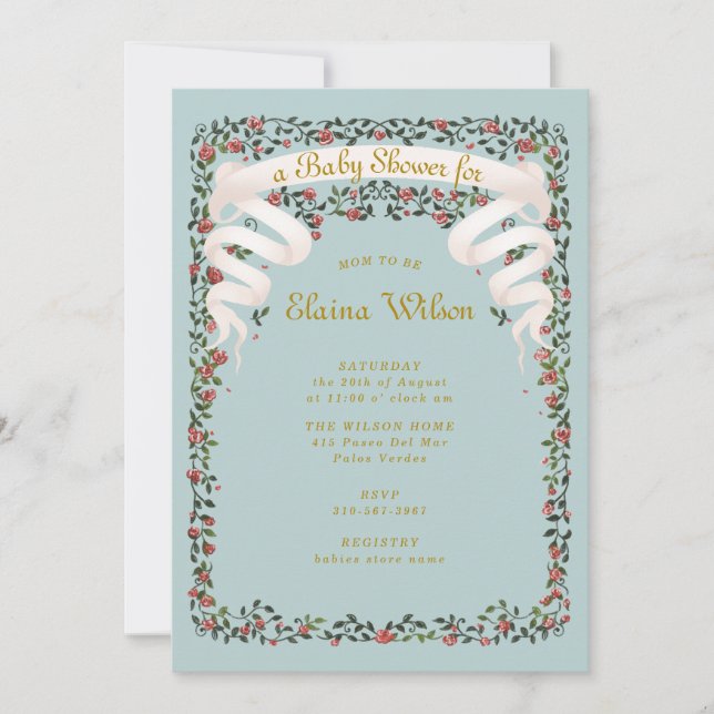 Enchanting Ribbons and Roses Blue Baby Shower Invitation (Front)