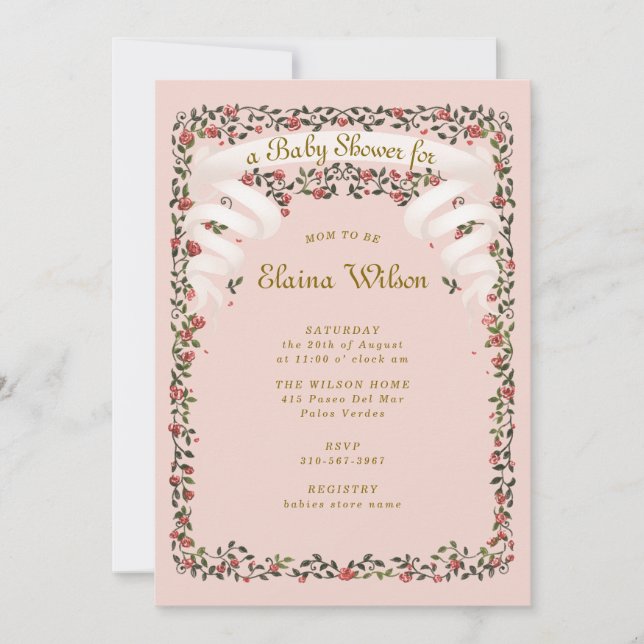 Enchanting Ribbons and Roses Pink Baby Shower Invitation (Front)