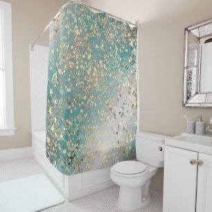 Enchanting Shimmery Gold Stars on Teal Glittery Shower Curtain
