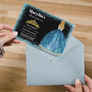 Enchanting Turquoise Glitter Princess Quinceañera  Invitation