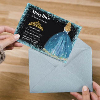 Enchanting Turquoise Glitter Princess Quinceañera Invitation