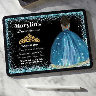 Enchanting Turquoise Glitter Princess Quinceañera  Invitation