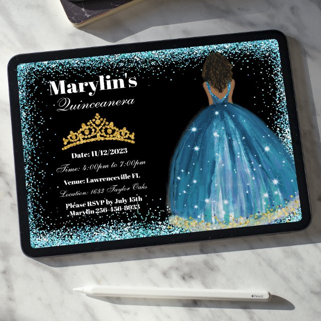 Enchanting Turquoise Glitter Princess Quinceañera  Invitation (Creator Uploaded)