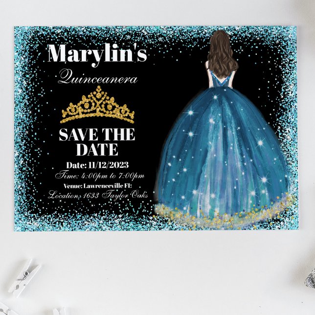 Enchanting Turquoise Glitter Princess Quinceañera  Save The Date (Creator Uploaded)
