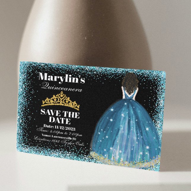Enchanting Turquoise Glitter Princess Quinceanera  Save The Date (Creator Uploaded)
