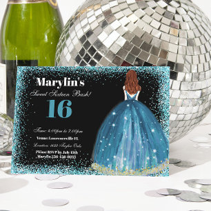 Enchanting Turquoise Glitter Princess Sweet 16 Invitation