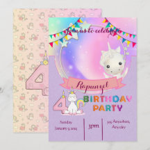 Enchanting Unicorn- 4th Birthday Party Invitation