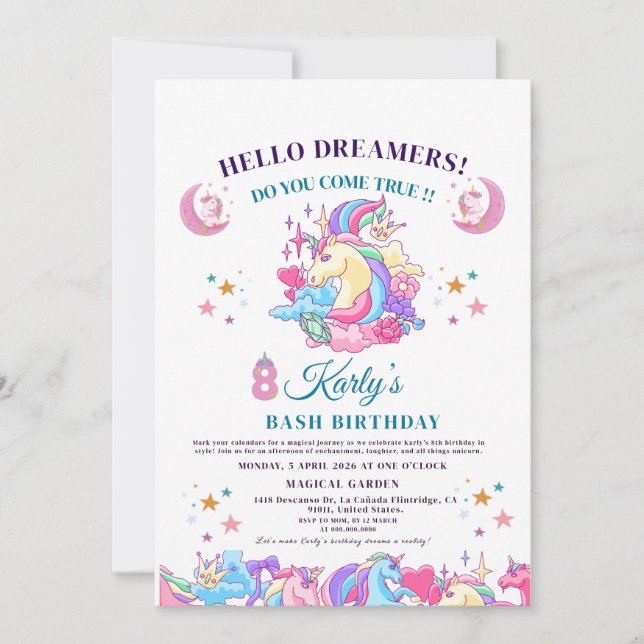 🌈✨ Enchanting Unicorn 8th Karly Magical Birthday Invitation (Front)