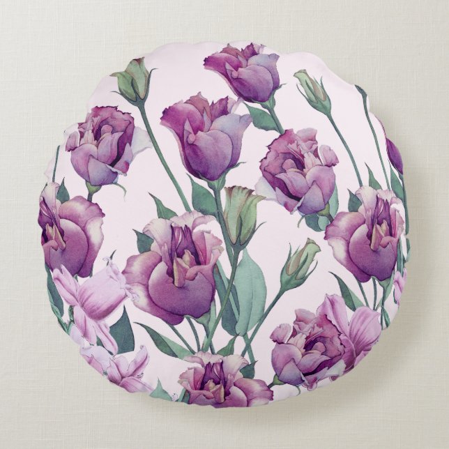 Enchanting Watercolor Eustoma Bloom Round Pillow (Front)