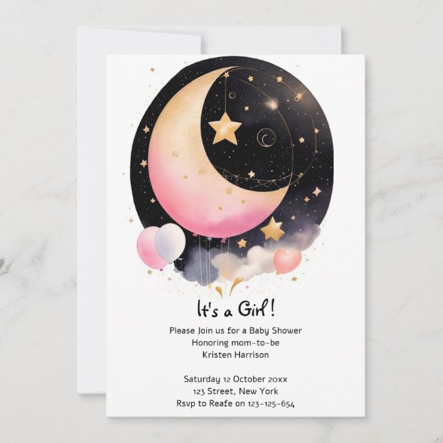 Enchanting Watercolor Moon & Stars Baby Shower Invitation (Front)