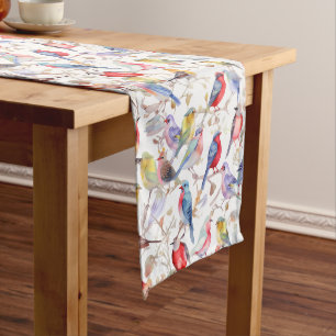 Enchanting Watercolor Vintage Birds Pattern Medium Table Runner