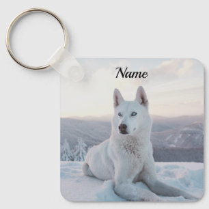 Enchanting White Husky Dog in the snow Key Ring