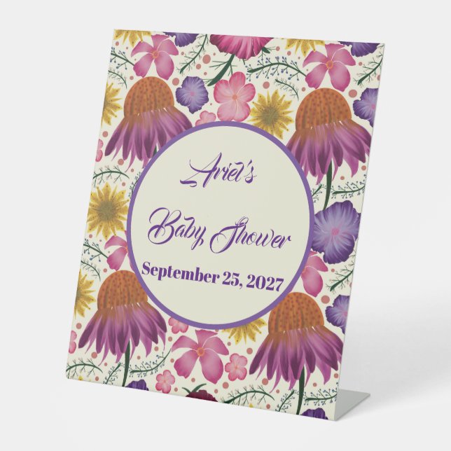 Enchanting Wildflower Pink Baby Shower  Pedestal Sign (Front)