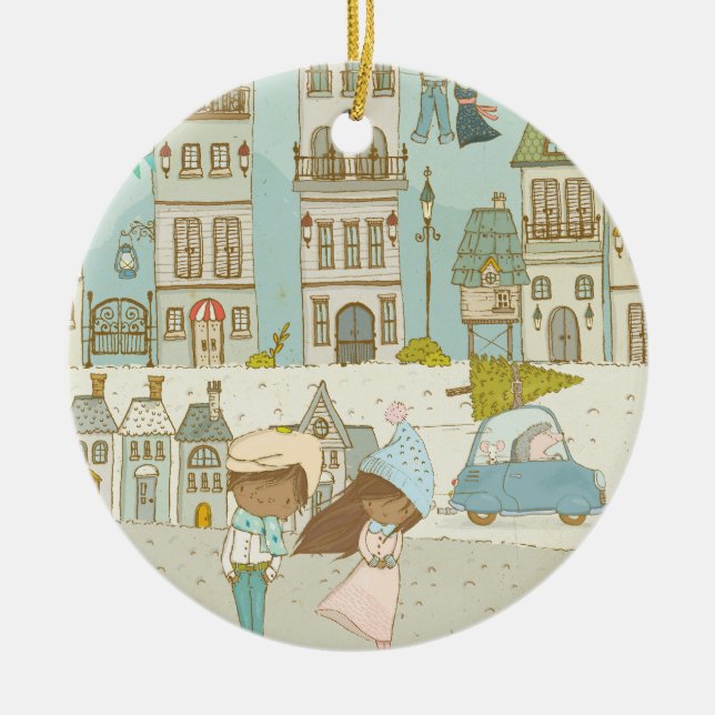 Enchanting Winter City Landscape Ceramic Tree Decoration (Front)