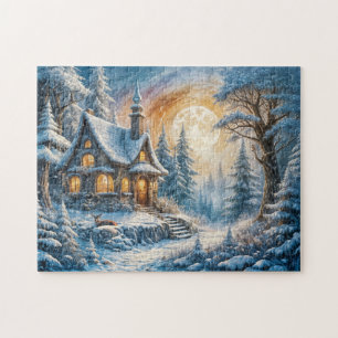 Enchanting Winter Cottage in Moonlight Jigsaw Puzzle