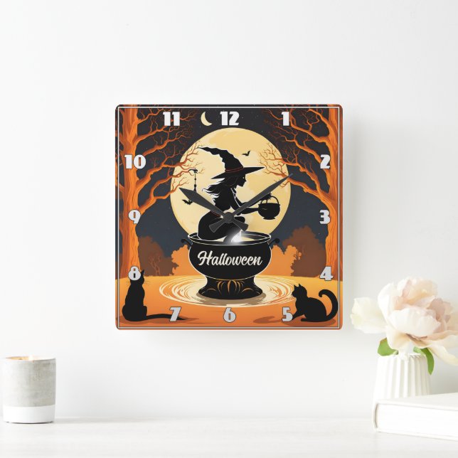 Enchanting witch brewing potions under the moon square wall clock (Home)