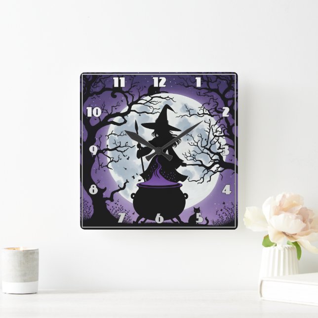 Enchanting witch brews potions under a full moon square wall clock (Home)