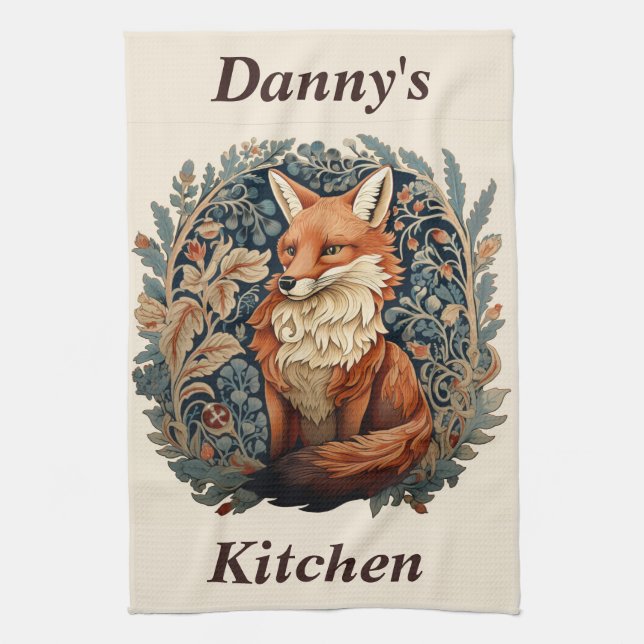 Enchanting Woodland Fox with Custom Name Tea Towel (Vertical)