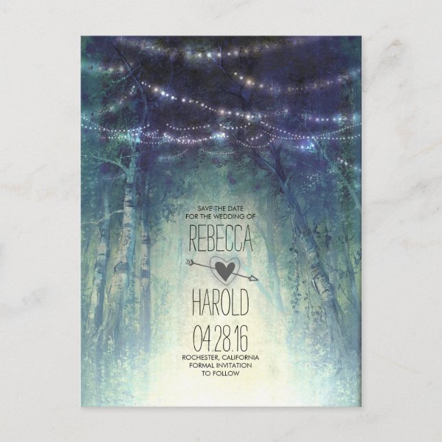 Enchated Forest String Lights Save the Date Announcement Postcard (Front)