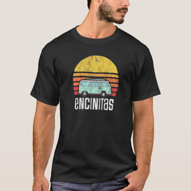 Encinitas Ca Hippie Van Beach Bum Surfer T-Shirt (Front)