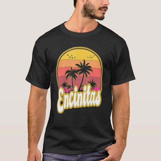Encinitas California Beach Retro Sunset T-Shirt (Front)