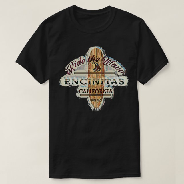 Encinitas Distressed Vintage Retro Surfboard Sign  T-Shirt (Design Front)