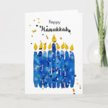 EncourageMe Happy Hanukkah  Card<br><div class="desc">Send some Hanukkah cheer with this bright EncourageMe Happy Hanukkah card! Featuring 9 cute candles with 9 dancing flames,  accented with festive orange,  yellow,  blue and silver/white speckles. The inside is blank for your personal sentiment. From an EncourageMe original watercolor and hand stamped.</div>