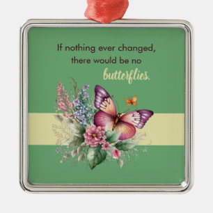Encouragement Butterfly and Flowers on Green Metal Tree Decoration