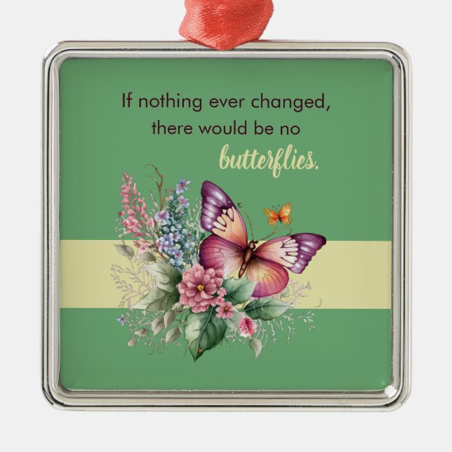 Encouragement Butterfly and Flowers on Green Metal Tree Decoration (Front)