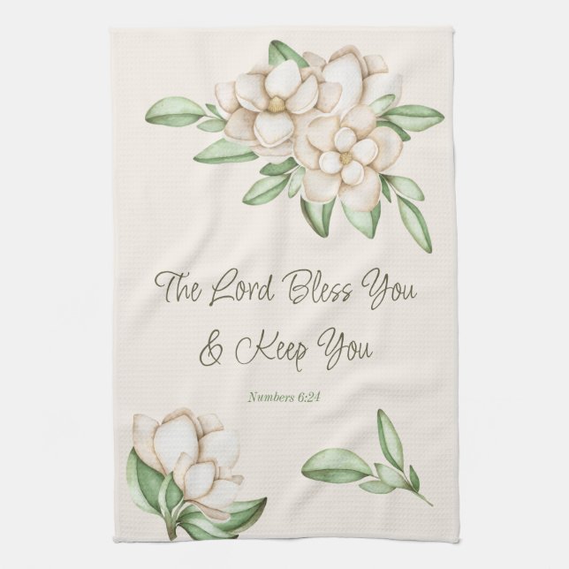 Encouraging Bible Verse Magnolia Watercolor Script Tea Towel (Vertical)