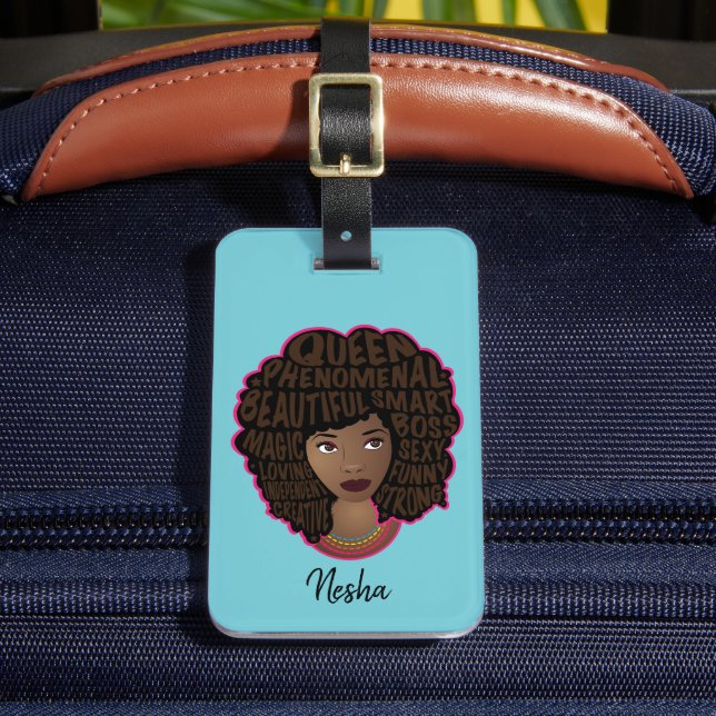 Encouraging Black Women, Natural Hair, Turquoise Luggage Tag (Front Insitu 2)