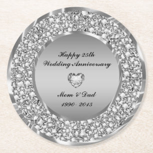 Encrusted White Diamonds 25th Anniversary Round Paper Coaster