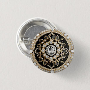 Encrusted white diamonds and gold circle mandala 3 cm round badge
