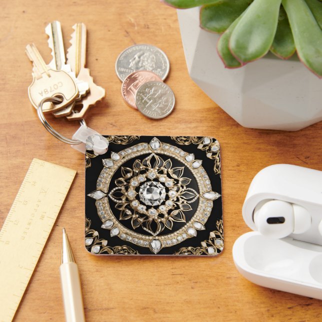 Encrusted white diamonds and gold circle mandala key ring (Desk)