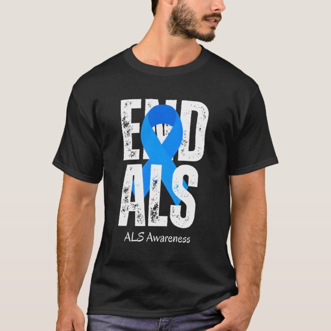 End Als Awareness Month Support Blue Ribbon T-Shirt (Front)