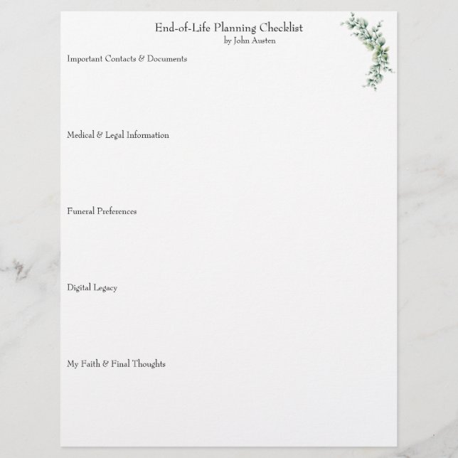 End-of-Life Planning Checklist Custom Letterhead (Front)