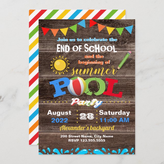 End of School Beginning of Summer Pool Party Invitation (Front/Back)
